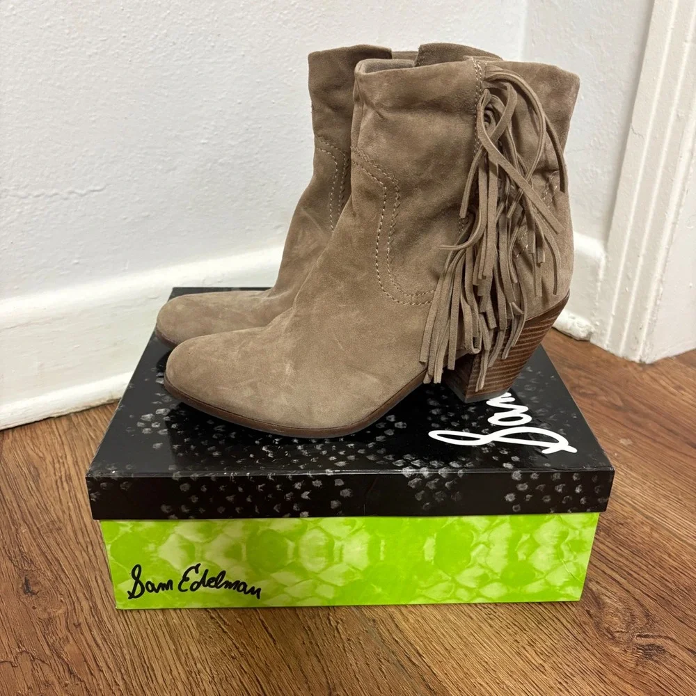Sam Edelman Louie Tan Suede Fringe Ankle Boots Womens 10 M Western Festival Boho